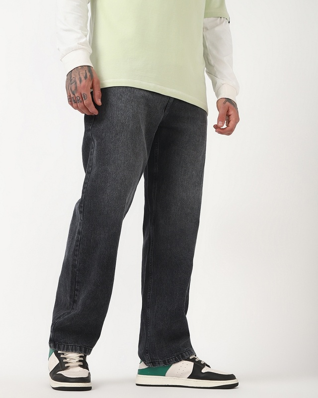 Shop Men's Grey Baggy Washed Jeans-Front