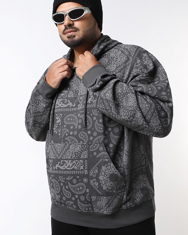 Shop Men's Grey Bandana Graphic Printed Oversized Plus Size Hoodies-Front