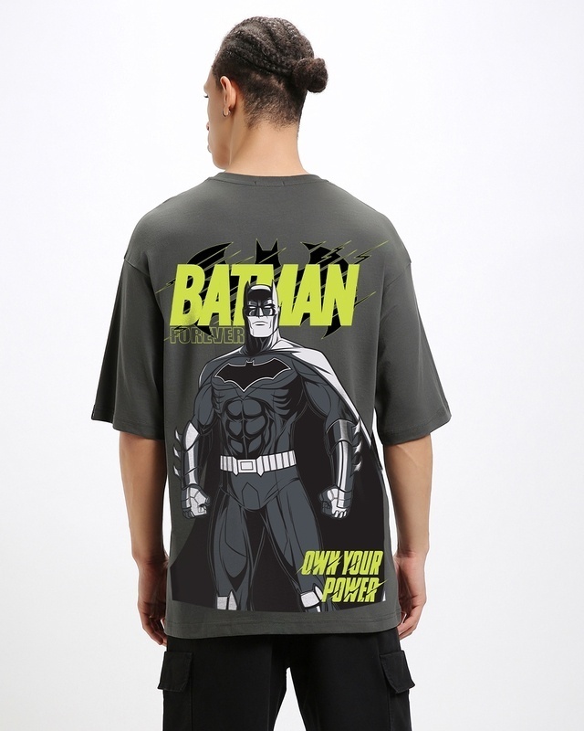 Shop Men's Grey Batman Graphic Printed Oversized T-shirt-Front