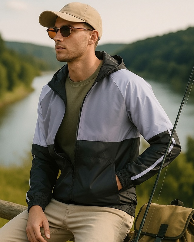 Shop Men's Black & Grey Color Block Hooded Windcheater Jacket-Front