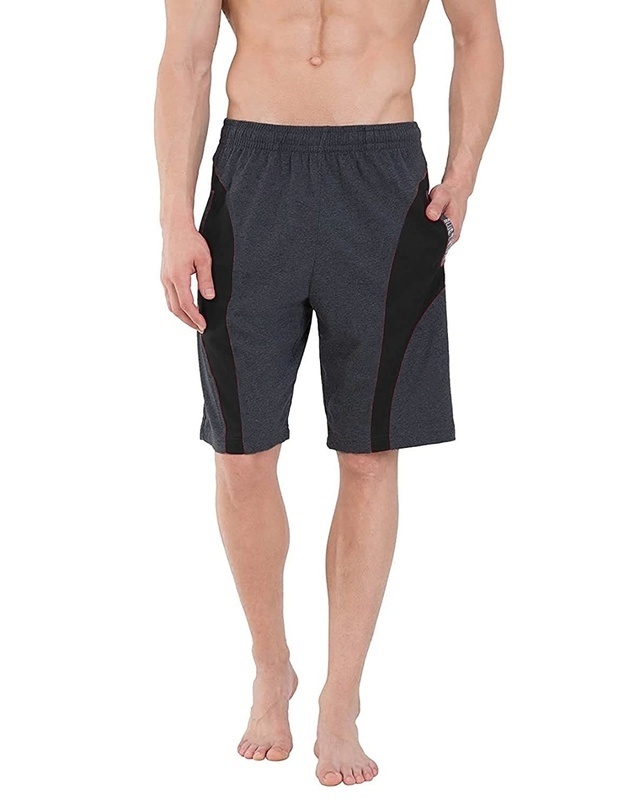 Shop Men's Grey & Black Regular Cotton Casual Shorts-Front