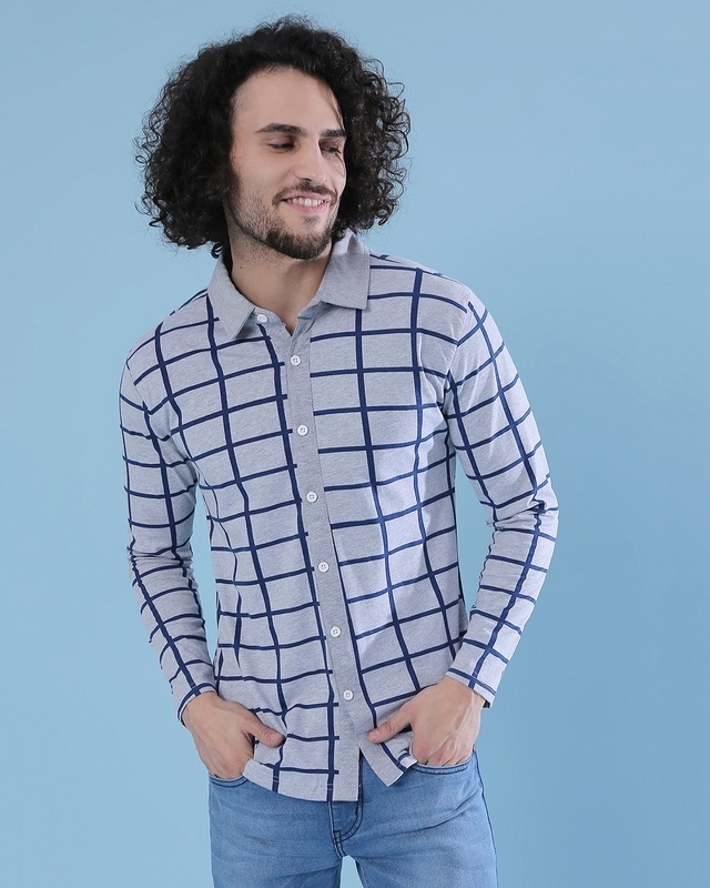 Shop Men's Grey & Blue Checkered Regular Fit Shirt-Front