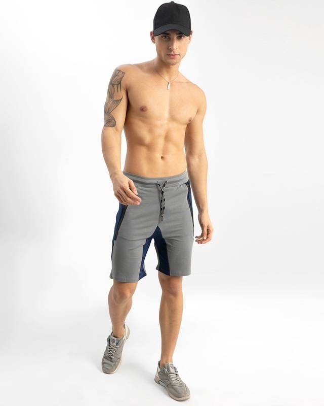 Shop Men's Grey & Blue Color Block Sports Shorts-Front
