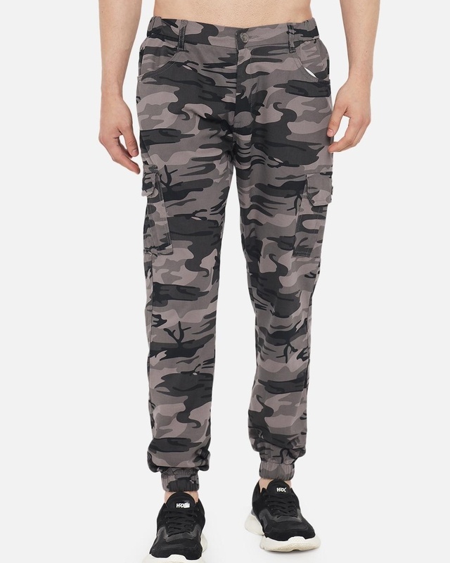 Shop Men's Grey Camouflage Printed Relaxed Fit Joggers-Front