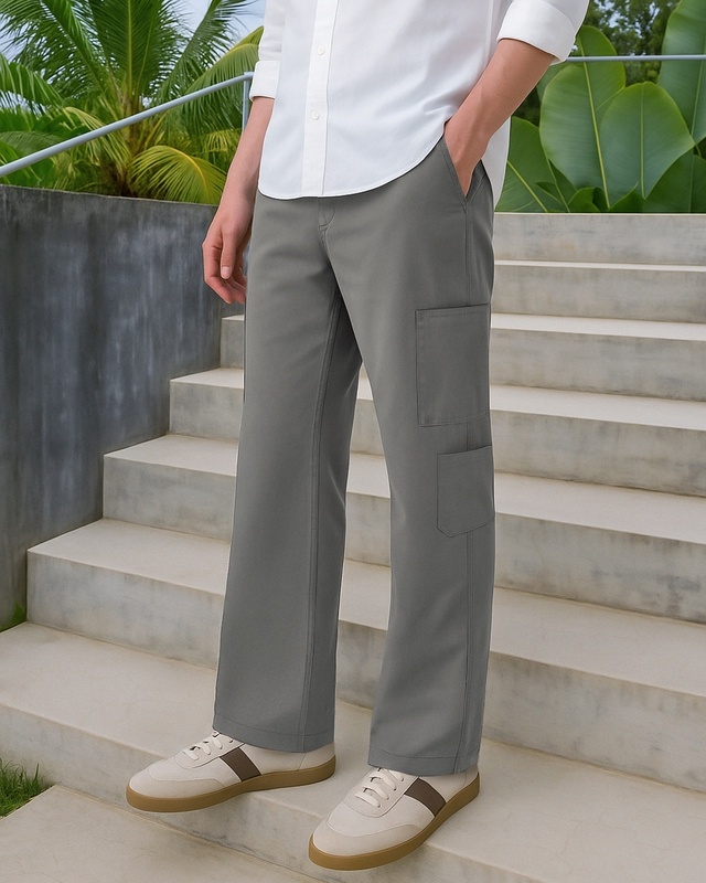 Shop Men's Grey Cargo Cotton Linen Pants-Front