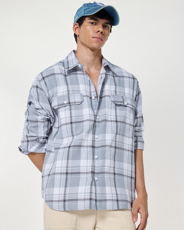 Shop Men's Grey Checked Oversized Shirt-Front