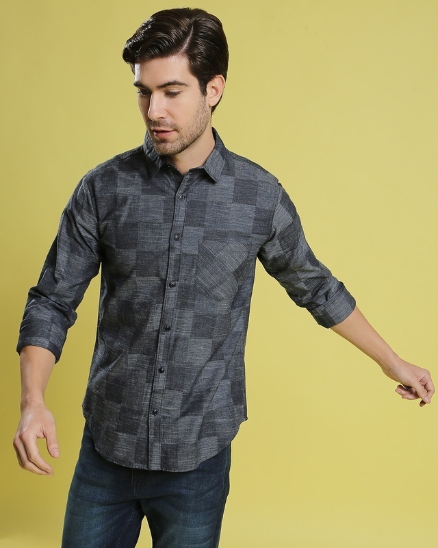 Shop Men's Grey Checkered Regular Fit Shirt-Front