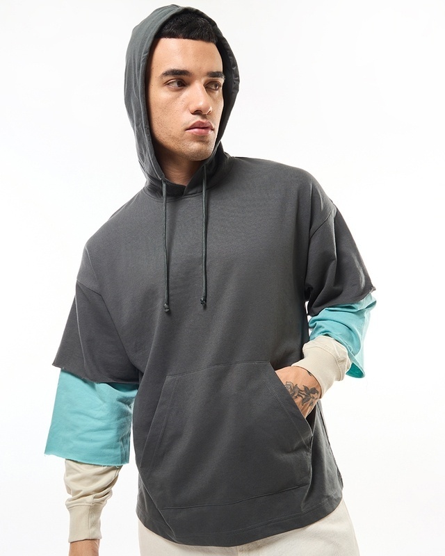 Shop Men's Grey Color Block Oversized Hooded T-shirt-Front