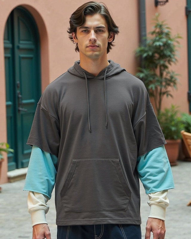 Shop Men's Grey Color Block Oversized Hooded T-shirt-Front