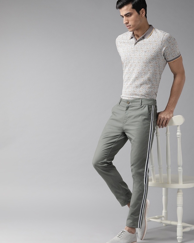 Shop Men's Grey Color Block Slim Fit Chinos-Front