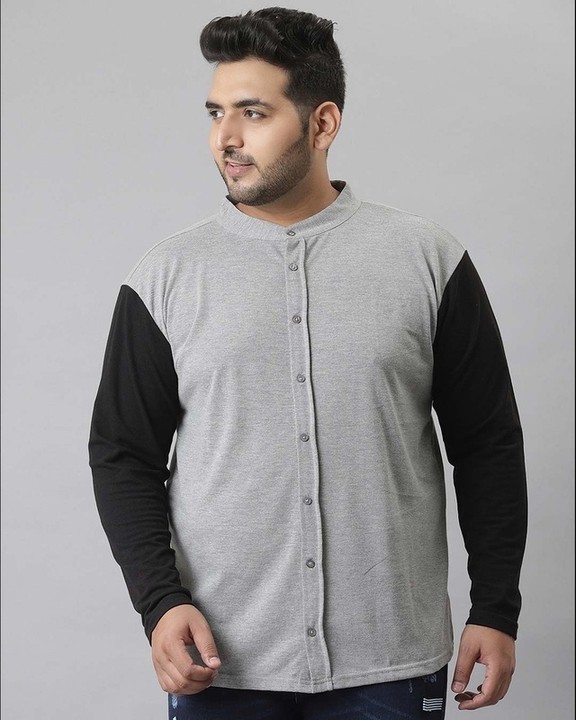 Shop Men's Grey & Black Color Block Oversized Plus Size Casual Shirt-Front