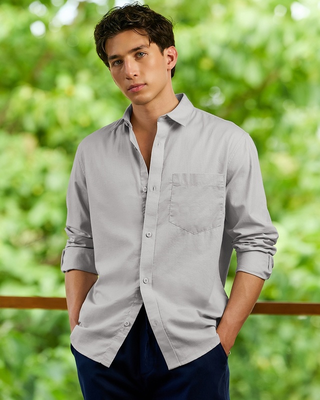 Shop Men's Grey Cotton Linen Shirt-Front