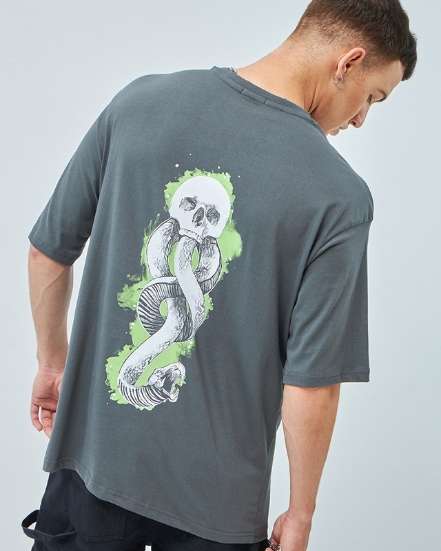 Shop Men's Grey Death Mark Graphic Printed Oversized T-shirt-Front