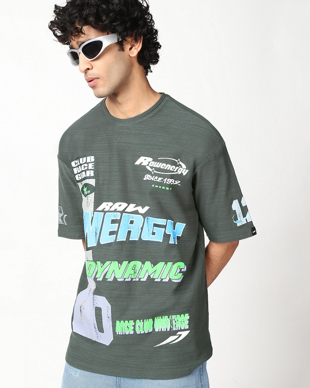 Shop Men's Grey Energy Varsity Graphic Printed Oversized T-shirt-Front