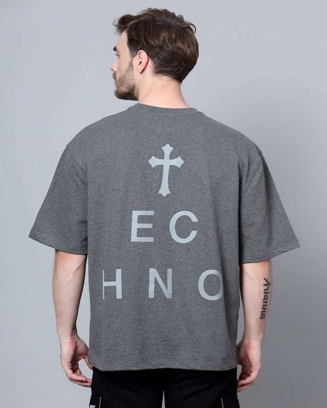 Shop Men's Grey Faith in Techno Reflective Printed Oversized T-shirt-Front