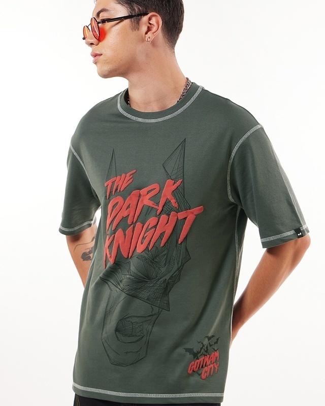 Shop Men's Grey Gotham Protector Graphic Printed Super Loose Fit T-shirt-Front