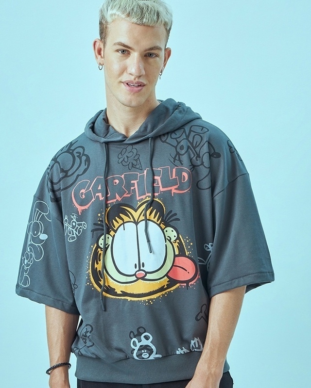 Shop Men's Grey Graffiti Garfield Graphic Printed Super Loose Hoodies-Front