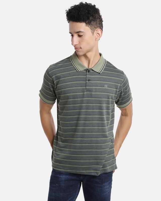 Shop Men's Grey & Green Striped Cotton Polo T-shirt-Front