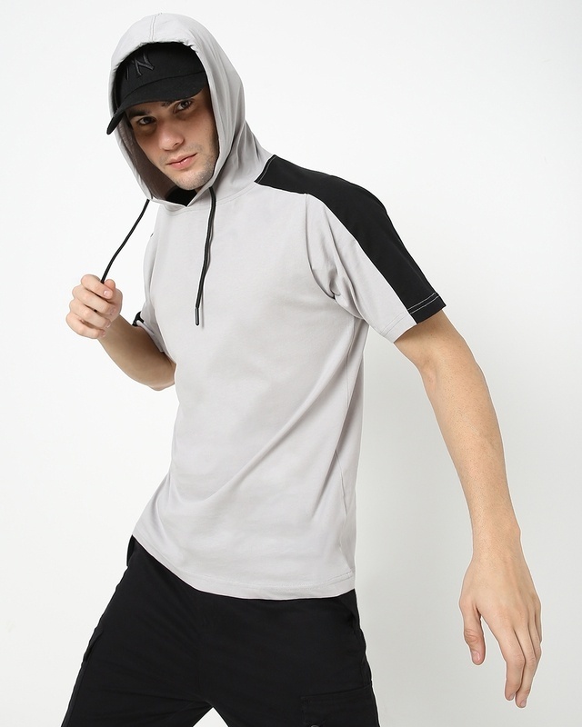 Shop Men's Grey Half Sleeve Hoodie T-shirt-Front