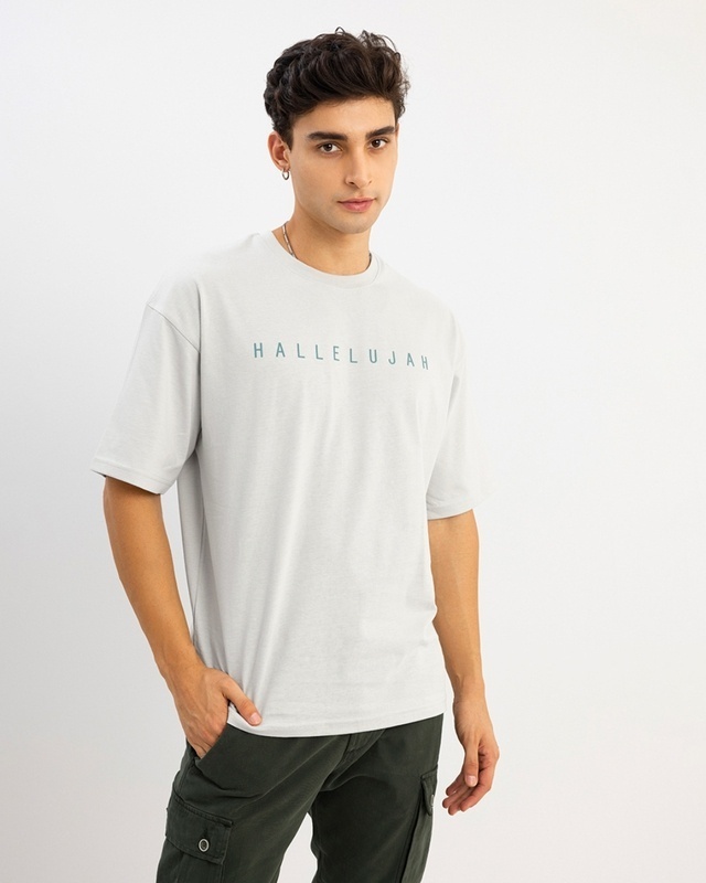 Shop Men's Grey Hallelujah Typography Oversized T-shirt-Front