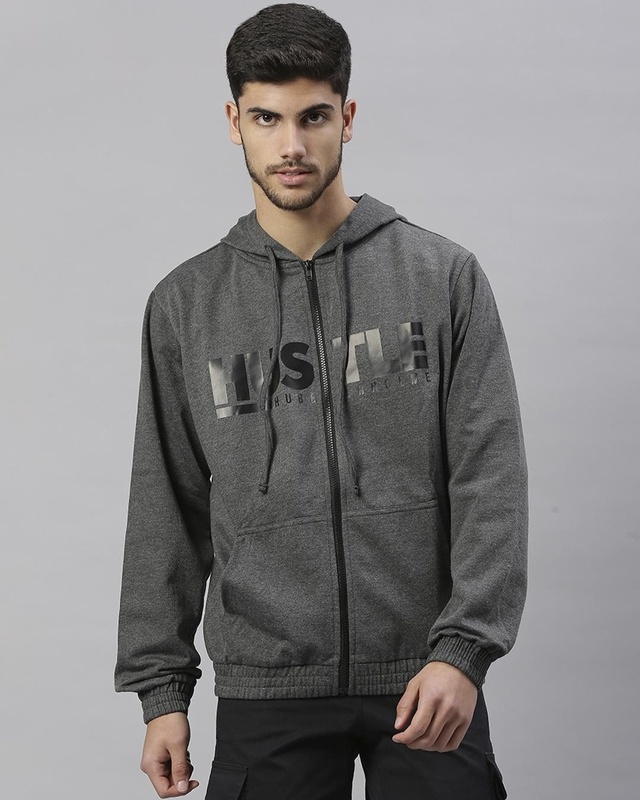 Shop Men's Grey Hustle Typography Hoodie-Front