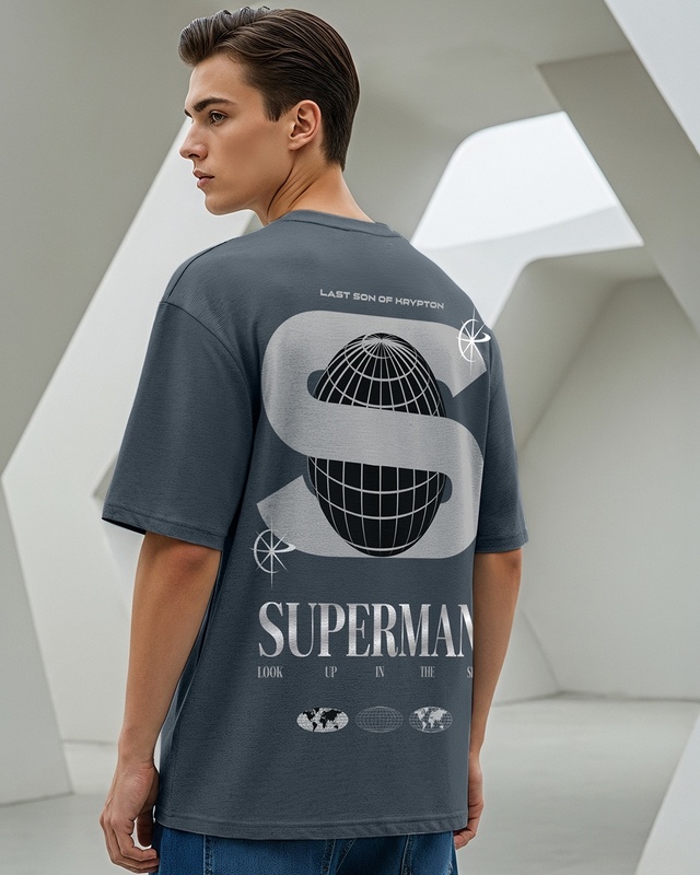 Shop Men's Grey Kryptonian Heritge Graphic Printed Oversized T-shirt-Front