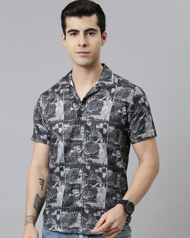 Shop Men's Grey Leaf Printed Slim Fit Shirt-Front
