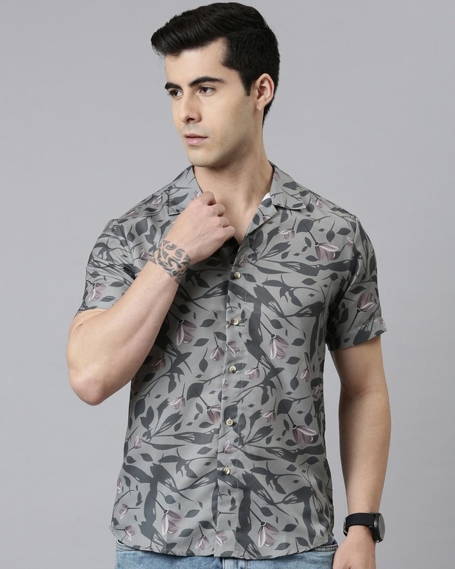Shop Men's Grey Leaf Printed Slim Fit Shirt-Front