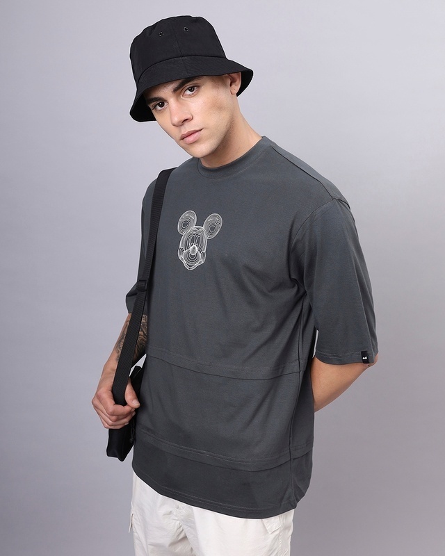 Shop Men's Grey Mickey Graphic Printed Super Loose Fit T-shirt-Front