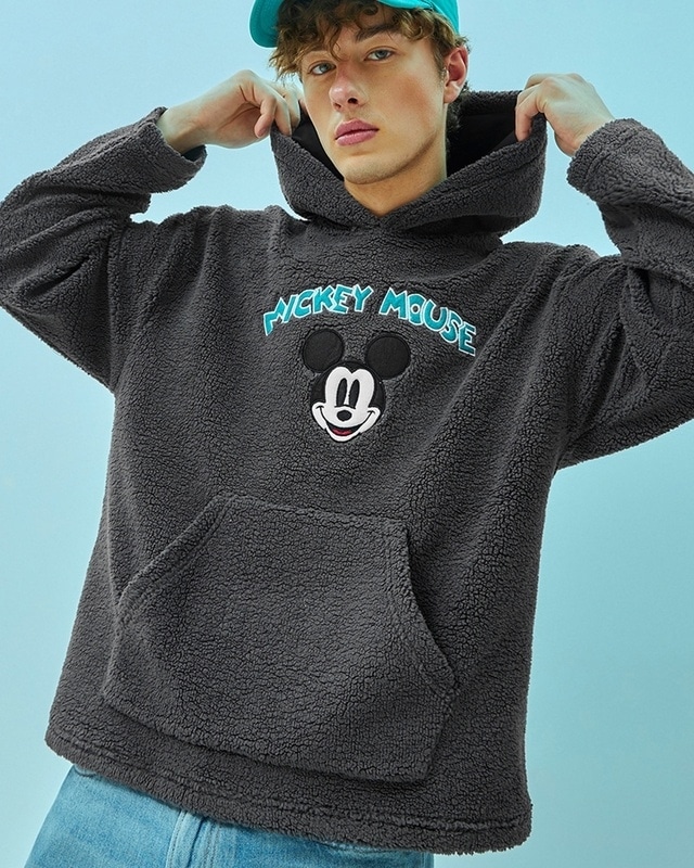 Shop Men's Grey Mickey Graphic Printed Oversized Hoodies-Front