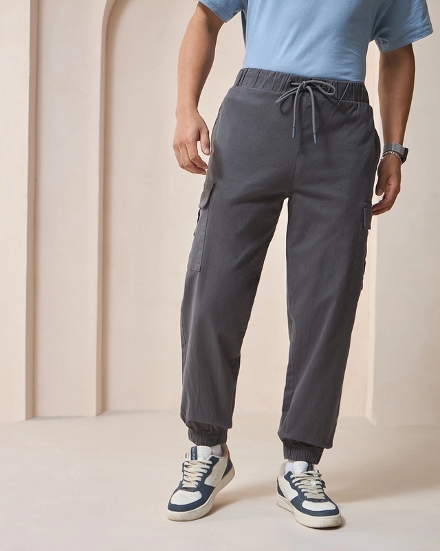 Shop Men's Grey Oversized Cargo Jogger Pants-Front