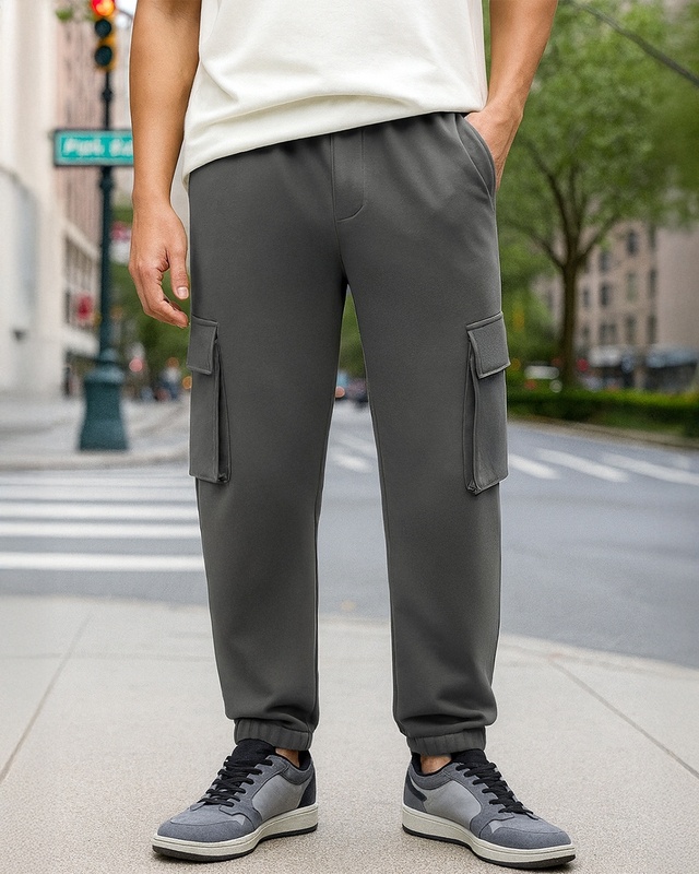 Shop Men's Grey Oversized Cargo Joggers-Front