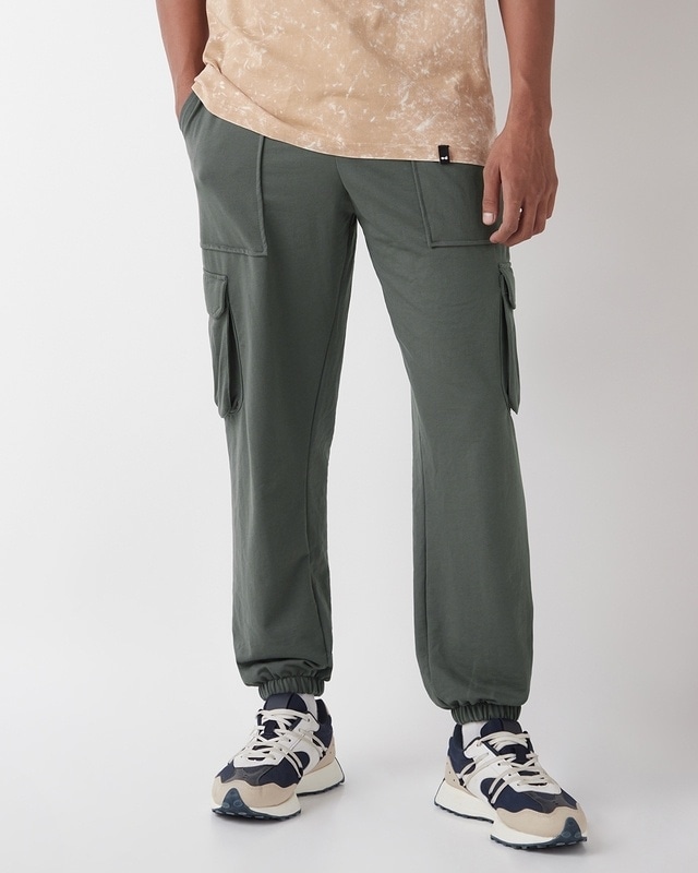 Shop Men's Grey Oversized Cargo Joggers-Front