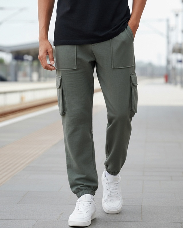 Shop Men's Grey Oversized Cargo Joggers-Front