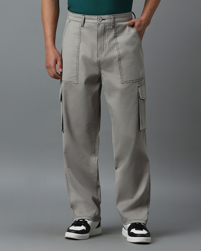 Shop Men's Grey Oversized Cargo Pants-Front
