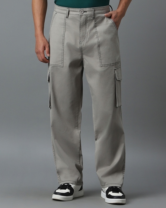 Shop Men's Grey Oversized Cargo Pants-Front