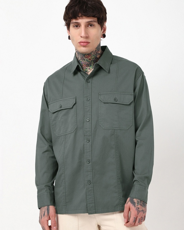 Shop Men's Grey Oversized Cargo Shirt-Front