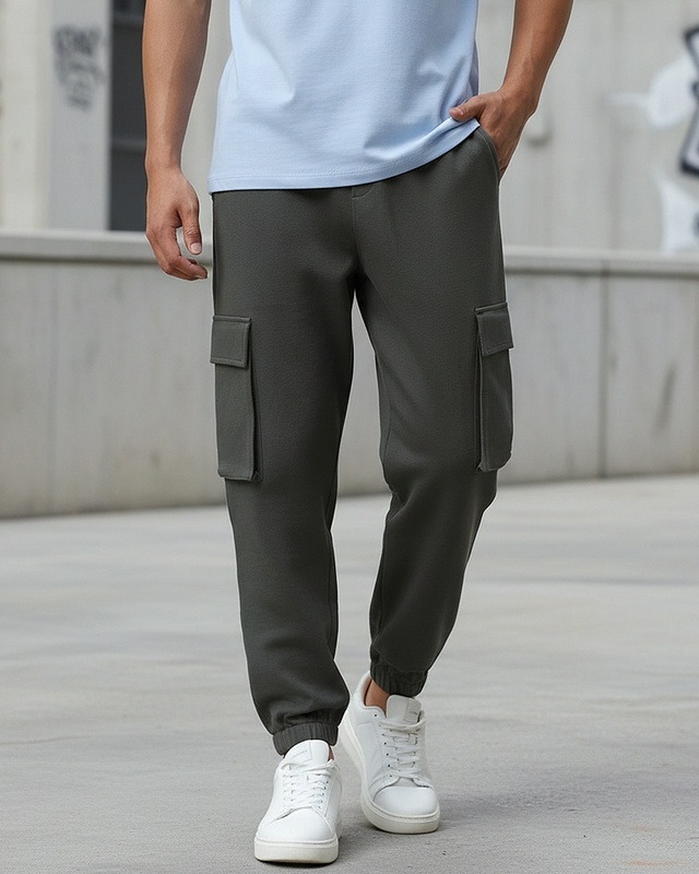 Shop Men's Grey Oversized Cargo Warm Joggers-Front