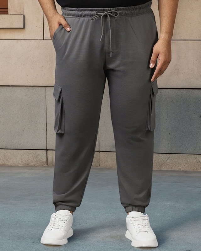 Shop Men's Grey Oversized Plus Size Cargo Joggers-Front