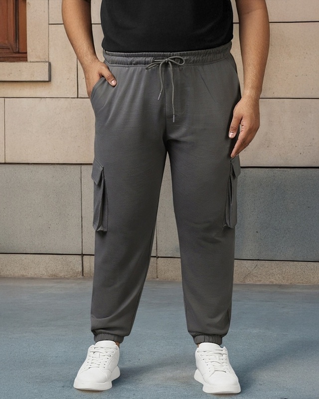 Shop Men's Grey Oversized Plus Size Cargo Warm Joggers-Front
