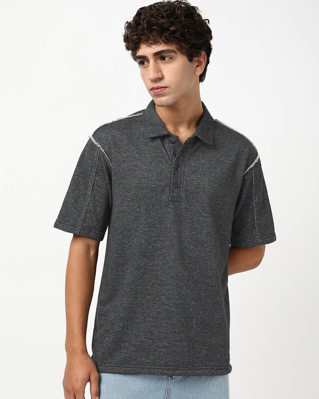 Shop Men's Grey Oversized Polo T-shirt-Front