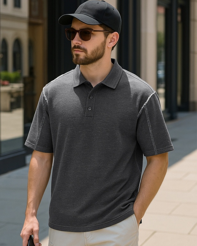Shop Men's Grey Oversized Polo T-shirt-Front