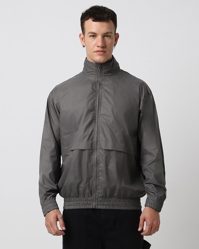 Shop Men's Grey Oversized Windcheater Jacket-Front