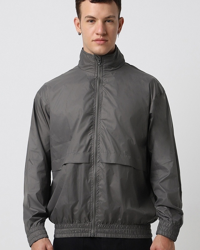 Shop Men's Grey Oversized Windcheater Jacket-Front