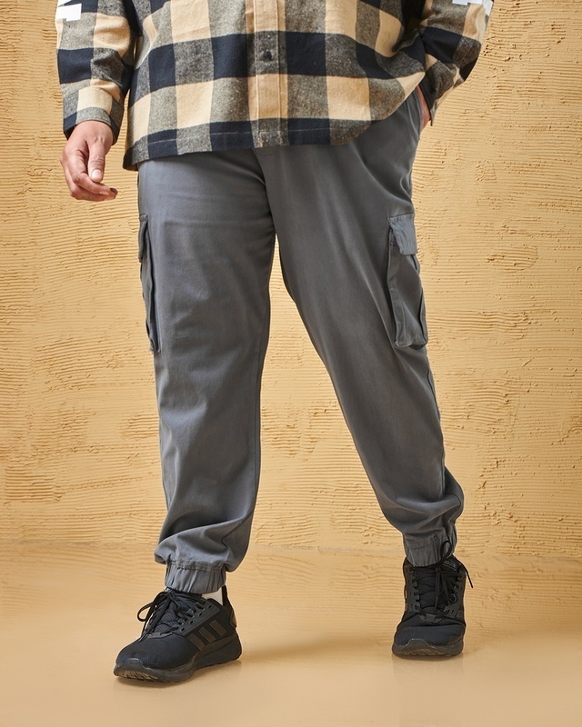 Shop Men's Grey Oversized Plus Size Cargo Jogger Pants-Front