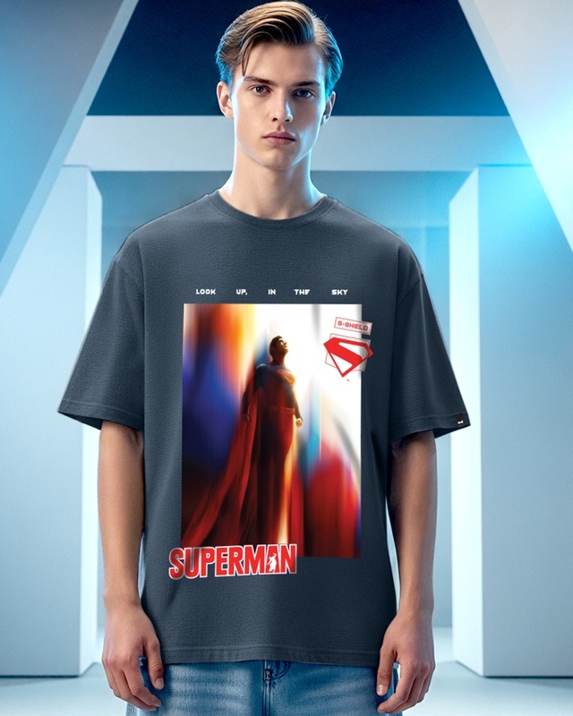 Shop Men's Grey Poster Graphic Printed Oversized T-shirt-Front