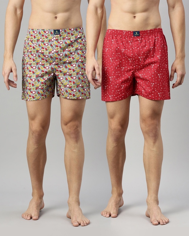 Shop Men's Grey & Red All Over Printed Cotton Boxers (Pack of 2)-Front