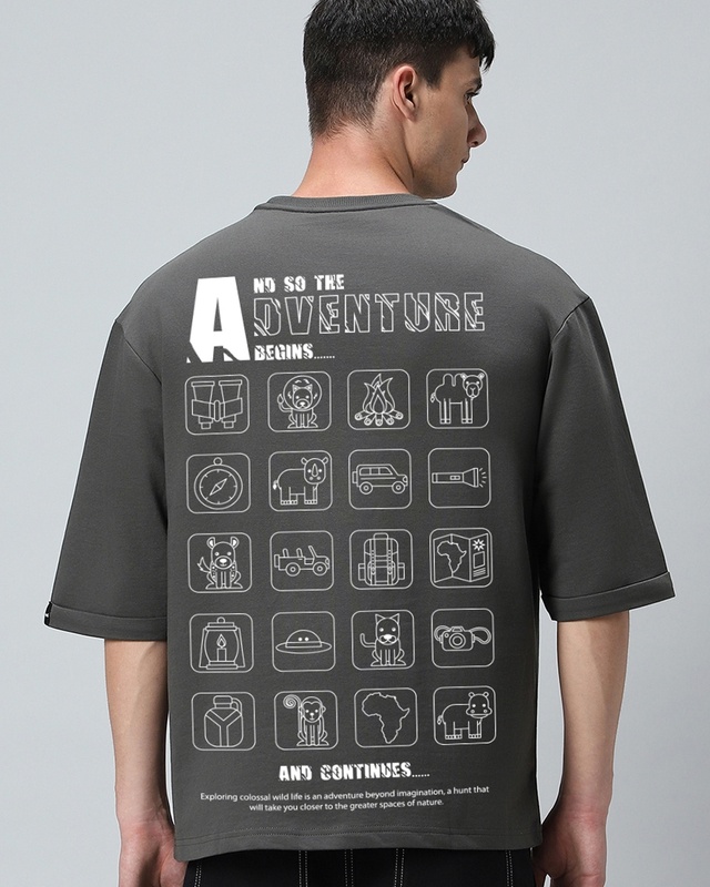 Shop Men's Grey Safari Graphic Printed Super Loose Fit T-shirt-Front