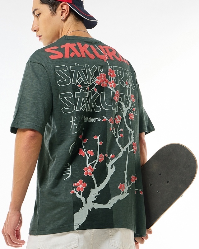 Shop Men's Grey Sakura Graphic Printed Oversized T-shirt-Front