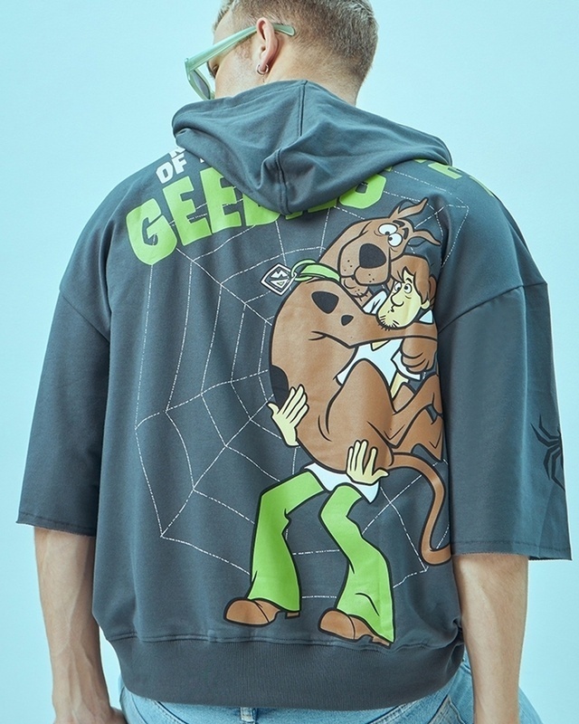 Shop Men's Grey Scooby Doo Graphic Printed Super Loose Fit Hoodies-Front